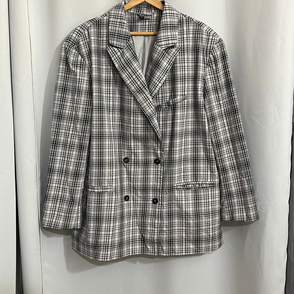 H&M Divided Blazer Women L Black White Plaid Double Breasted Oversized